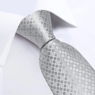 Silver Grey Plaid Silk Necktie Pocket Square Cufflinks Set