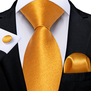Solid Shining Gold Yellow Silk Necktie Pocket Square Cufflinks Set