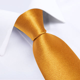 Solid Shining Gold Yellow Silk Necktie Pocket Square Cufflinks Set