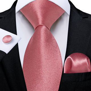 Solid Shining Rouge Pink Silk Necktie Pocket Square Cufflinks Set