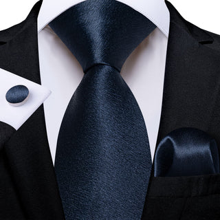 Solid Shining Denim Blue Silk Necktie Pocket Square Cufflinks Set