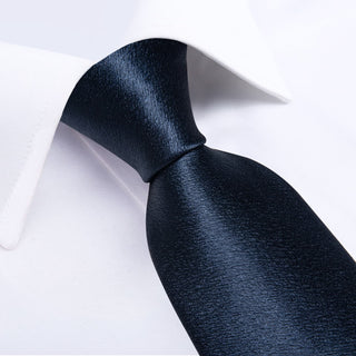 Solid Shining Denim Blue Silk Necktie Pocket Square Cufflinks Set