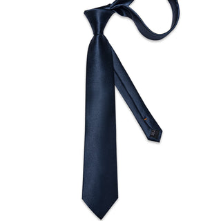 Solid Shining Denim Blue Silk Necktie Pocket Square Cufflinks Set