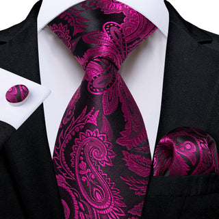 New Purple Black Paisley Silk Necktie Pocket Square Cufflinks Set