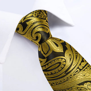 New Copper Gold Paisley Silk Necktie Pocket Square Cufflinks Set