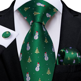 Green Christmas Tree Snowman Silk Necktie Pocket Square Cufflinks Set