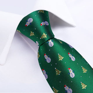 Green Christmas Tree Snowman Silk Necktie Pocket Square Cufflinks Set