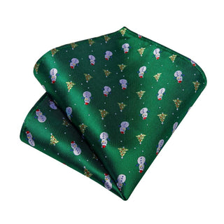 Green Christmas Tree Snowman Silk Necktie Pocket Square Cufflinks Set