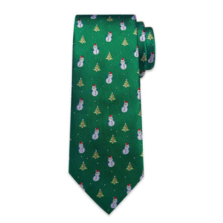 Green Christmas Tree Snowman Silk Necktie Pocket Square Cufflinks Set