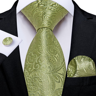 Sage Green Floral Silk Necktie Pocket Square Cufflinks Set
