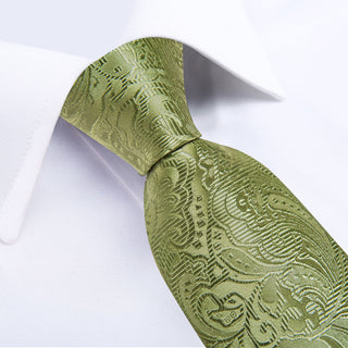 Sage Green Floral Silk Necktie Pocket Square Cufflinks Set