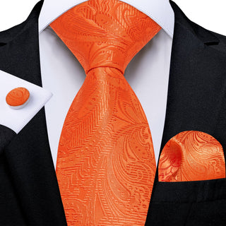 Orange Paisley Silk Necktie Pocket Square Cufflinks Set