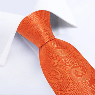 Orange Paisley Silk Necktie Pocket Square Cufflinks Set