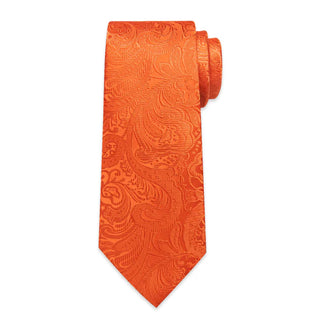 Orange Paisley Silk Necktie Pocket Square Cufflinks Set