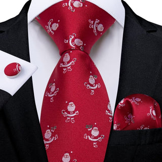 Red Christmas Santa Claus Silk Necktie Pocket Square Cufflinks Set