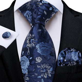 New Dark Midnight Blue Floral Silk Necktie Pocket Square Cufflinks Set