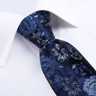 New Dark Midnight Blue Floral Silk Necktie Pocket Square Cufflinks Set