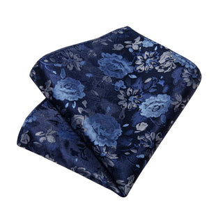 New Dark Midnight Blue Floral Silk Necktie Pocket Square Cufflinks Set