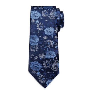 New Dark Midnight Blue Floral Silk Necktie Pocket Square Cufflinks Set