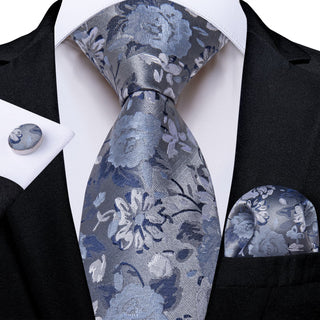 New Dim Grey Floral Silk Necktie Pocket Square Cufflinks Set