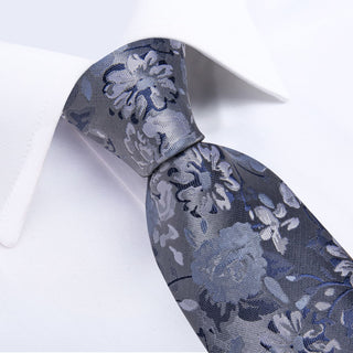 New Dim Grey Floral Silk Necktie Pocket Square Cufflinks Set
