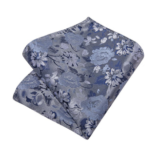 New Dim Grey Floral Silk Necktie Pocket Square Cufflinks Set