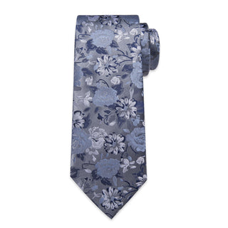 New Dim Grey Floral Silk Necktie Pocket Square Cufflinks Set