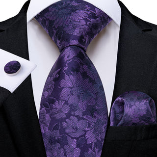 New Deep Purple Floral Silk Necktie Pocket Square Cufflinks Set