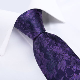 New Deep Purple Floral Silk Necktie Pocket Square Cufflinks Set