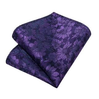 New Deep Purple Floral Silk Necktie Pocket Square Cufflinks Set