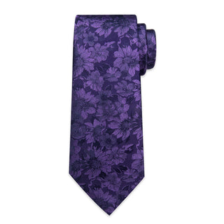 New Deep Purple Floral Silk Necktie Pocket Square Cufflinks Set