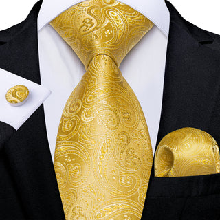 Novelty Yellow Paisley Solid Silk Necktie Pocket Square Cufflinks Set