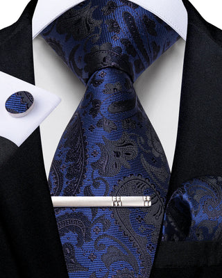 New Blue Black Floral Silk Necktie Pocket Square Cufflinks Set