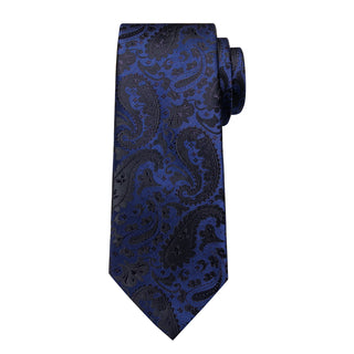 New Blue Black Floral Silk Necktie Pocket Square Cufflinks Set