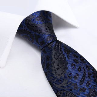 New Blue Black Floral Silk Necktie Pocket Square Cufflinks Set