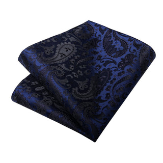 New Blue Black Floral Silk Necktie Pocket Square Cufflinks Set