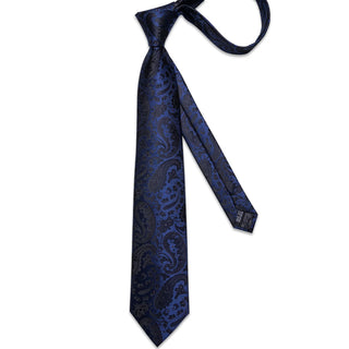 New Blue Black Floral Silk Necktie Pocket Square Cufflinks Set