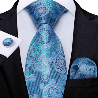 Blue Paisley Silk Necktie Pocket Square Cufflinks Set