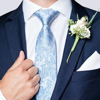 New Sky Blue Floral Silk Men's Necktie Pocket Square Cufflinks Set