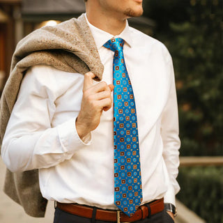 Teal Blue Orange Squares Novelty Silk Necktie Pocket Square Cufflinks Set