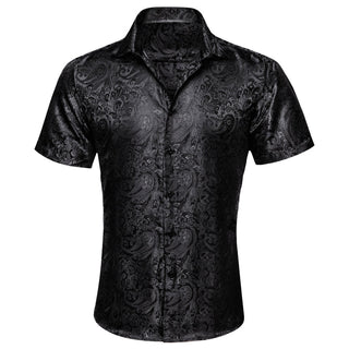 New Black Paisley Short Sleeve Silk Long Sleeve Shirt