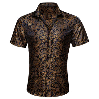 New Gold Paisley Short Sleeve Silk Long Sleeve Shirt