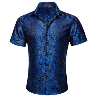 New Blue Paisley Short Sleeve Silk Long Sleeve Shirt
