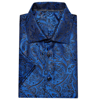 New Blue Paisley Short Sleeve Silk Long Sleeve Shirt