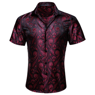New Black Burgundy Short Sleeve Silk Long Sleeve Shirt