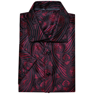 New Black Burgundy Short Sleeve Silk Long Sleeve Shirt