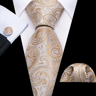 New Cream Gold Paisley Silk Necktie Pocket Square Cufflinks Set