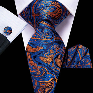 Blue Orange Paisley Silk Necktie Pocket Square Cufflinks Set