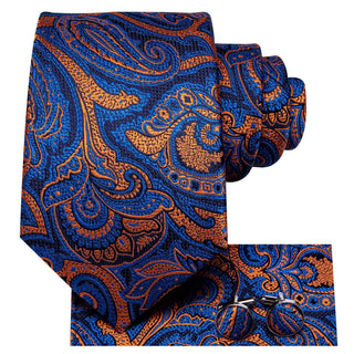 Blue Orange Paisley Silk Necktie Pocket Square Cufflinks Set