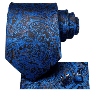 Black Navy Blue Paisley Silk Necktie Pocket Square Cufflinks Set